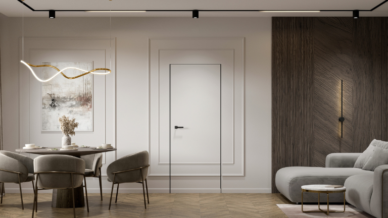 Межкомнатная дверь светлого оттенка гармонично вписана в современный интерьер гостиной.