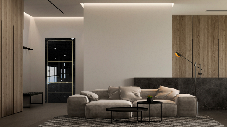Современный интерьер с чёрной дверью, деревянными панелями и светлым диваном.
