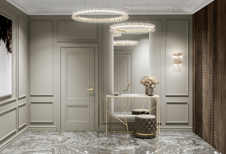 Роскошный интерьер с межкомнатной дверью, оформленной в сером цвете и встроенной в стеновую панель с зеркалом.