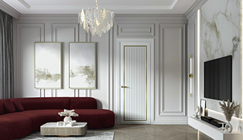 Белая дверь в современной гостиной с бордовым диваном, настенным экраном и светлым декором.