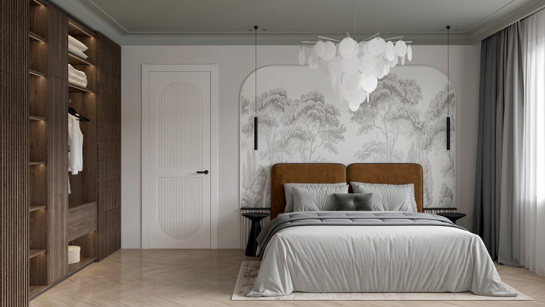 Межкомнатная дверь белая в уютной спальне с серым текстилем и светлым деревянным полом.