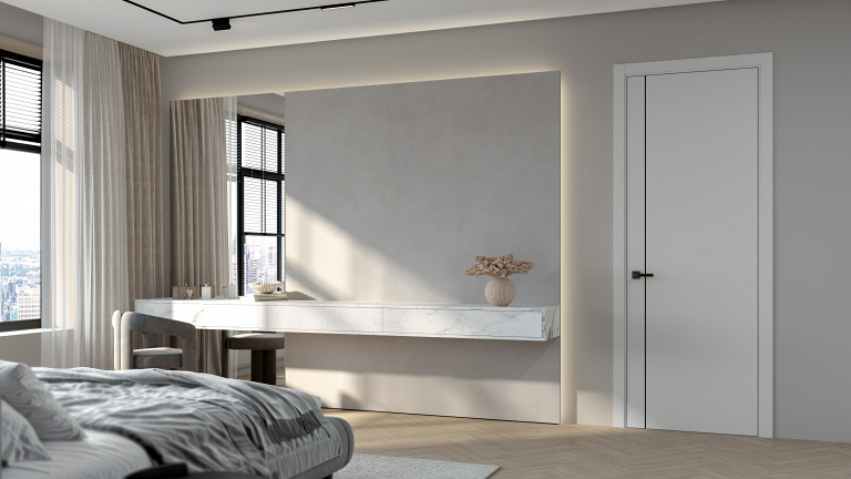 Межкомнатная дверь белого цвета в стильной спальне с мягким естественным светом.