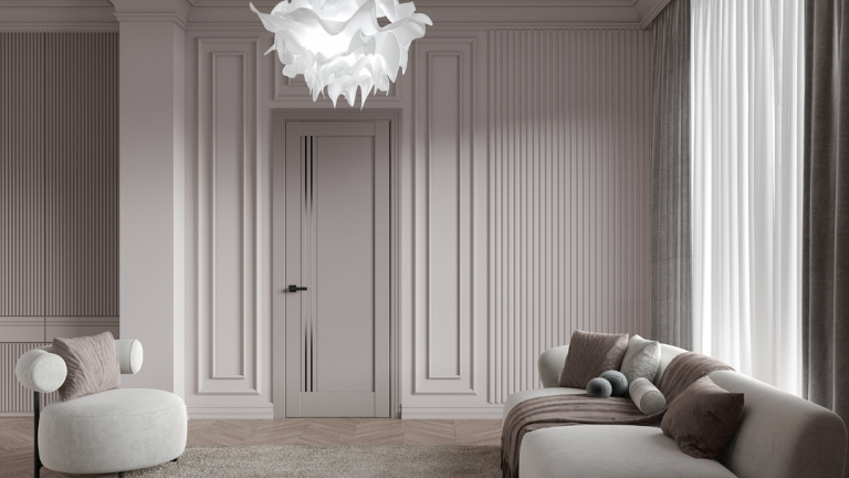 Межкомнатная дверь светлая в минималистичном интерьере с бежевой мебелью и мягким светом.