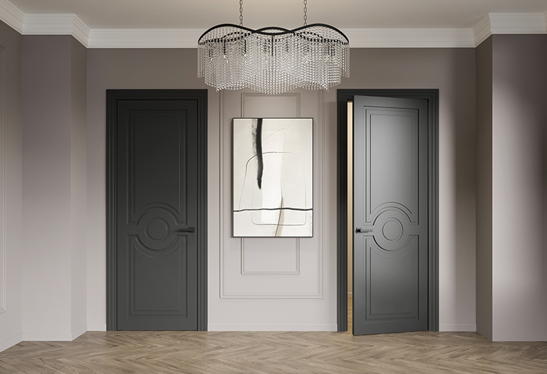 Межкомнатные двери в эмали тёмного цвета в элегантном интерьере с деревянным полом.