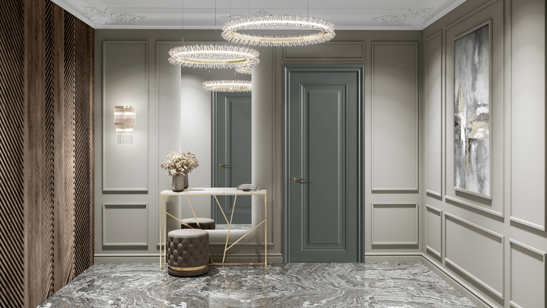 Серая дверь в элегантном холле с консолью, зеркалом и подвесными светильниками.