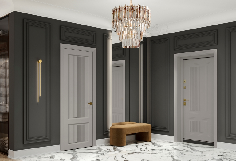 Входная и межкомнатная дверь в элегантном интерьере с серыми полотнами и декоративным светом.
