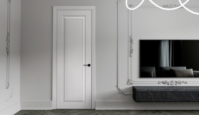 Светлая межкомнатная дверь в современном интерьере с телевизором и тёмной подвесной тумбой.