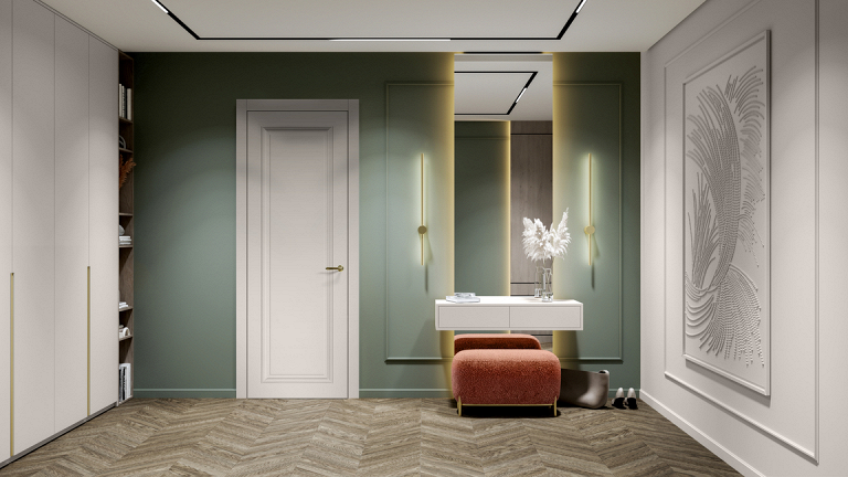 Белая дверь в стильном холле с консолью, подсветкой и скамьёй на фоне зелёной стены.