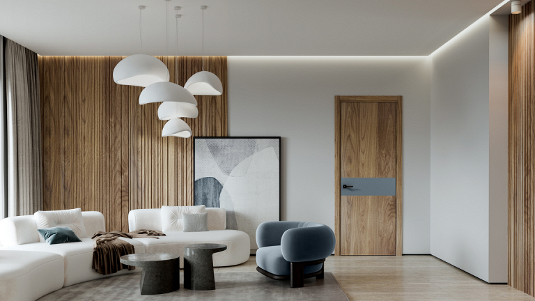 Стильная гостиная с деревянной дверью, светлым диваном и вертикальными панелями.